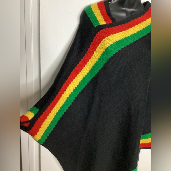 Elegant Black Rasta Poncho with Colorful Stripes - Picture 5 of 14